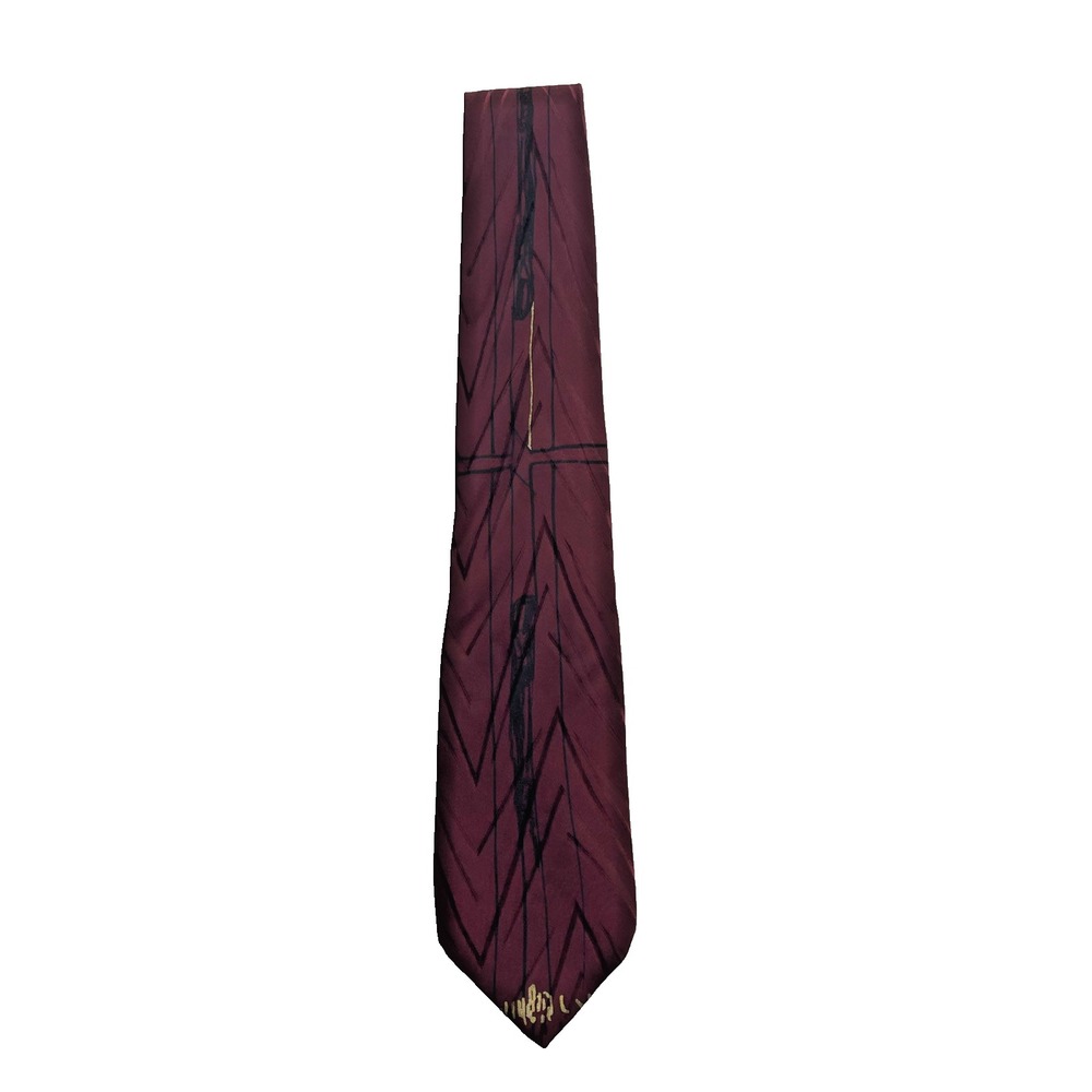 Claude Montana 100% Silk Tie‎ Red Gold Black Abstract Lines Drawing Sketch